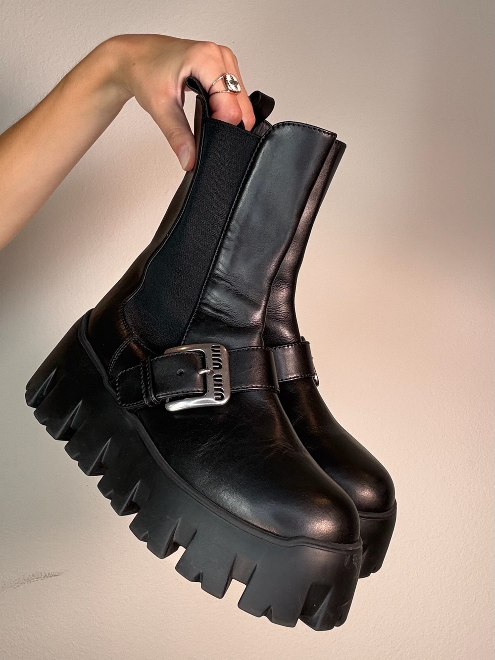 Miu Miu Black Leather Chelsea Boots with Buckle Strap